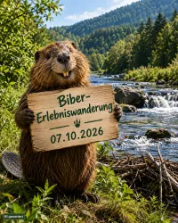 Ein Biber hält ein Schild mit der Aufschrift "Biber-Erlebniswanderung" und dem Datum "07.10.2026". Im Hintergrund fließt ein klarer Fluss, umgeben von grünen Bäumen und Bergen.