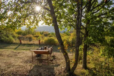 Eine ruhige Szene im Freien mit einem Paar, das auf einer Bank sitzt. Bäume und sanftes Licht schaffen eine entspannte Atmosphäre.