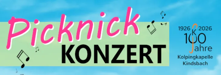 Ein Plakat für ein Picknickkonzert. Es feiert 100 Jahre Kolpingkapelle Kindsbach mit einem bunten und einladenden Design.