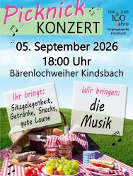 Ein Plakat für ein Picknick-Konzert am 5. September 2026 in Bärenlochweiher, Kindsbach. Es lädt ein zu Musik, Snacks und guter Laune.