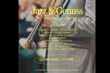 Ein Plakat für ein Jazz-Event mit Informationen zu Musikern und Datum. Die Atmosphäre ist festlich und einladend.
