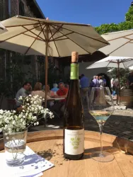 Eine Flasche Wein steht auf einem Holzfass neben einem Weinglas. Im Hintergrund sind Menschen unter Sonnenschirmen in einem gemütlichen Außenbereich zu sehen.