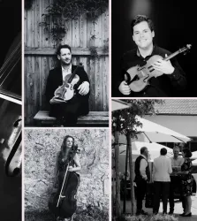 Eine Collage von Musikern, die verschiedene Instrumente halten. In der oberen Reihe sind Männer mit Geigen zu sehen, und in der unteren Reihe steht eine Frau mit einem Cello.