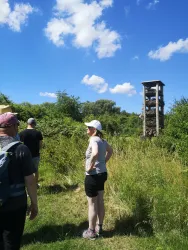 Weinbergwanderung mit Wein- und Kulturbotschaftern durch die Weinberglage Siebeldingen Im Sonnenschein. Eine Gruppe von Menschen läuft durch die Weinberge. Der Lebensturm, ein Insektenhotel, und der blaue Himmel mit einigen Wolken ist zu sehen.