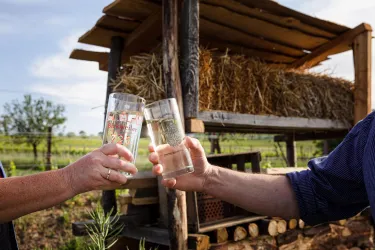 Zwei Personen stoßen mit Gläsern an, während eine rustikale Holzstruktur im Hintergrund sichtbar ist. Die Szene vermittelt ein Gefühl von Geselligkeit und Natur.