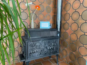 Ein eleganter Holzofen aus Gusseisen mit kunstvollen Verzierungen steht in einer Ecke. Daneben befindet sich eine orangefarbene Blume in einer Vase und ein blauer Zettel.