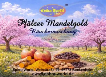 Eine farbenfrohe Landschaft mit blühenden Bäumen, Äpfeln und Gewürzen. Im Vordergrund sind verschiedene Zutaten für eine Räuchermischung angeordnet.