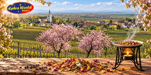 Eine malerische Landschaft mit blühenden Bäumen und sanften Hügeln. Im Vordergrund befindet sich ein Tisch mit duftenden Kräutern und einer brennenden Schale.
