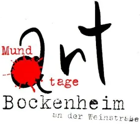 Ein künstlerisches Logo für die „Mundarttage“ in Bockenheim. Es zeigt eine kreative Schrift mit einem roten Farbspritzer.