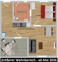 Eine übersichtliche Wohnungsgrundriss mit einem Schlafzimmer, einem Badezimmer und einem offenen Wohnbereich. Die Einrichtung umfasst eine Küche, einen Essbereich und ein gemütliches Sofa.
