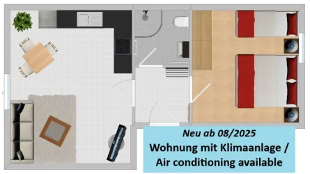 Eine moderne Wohnung mit zwei Schlafzimmern und einem offenen Wohnbereich. Die Ausstattung umfasst eine Küche, ein Esszimmer und eine gemütliche Sitzecke.