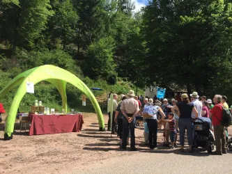 Eine Gruppe von Menschen versammelt sich unter einem grünen Zelt in einem Waldgebiet. Der Boden ist sandig und die Umgebung ist von Bäumen umgeben.