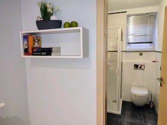 Regal neben Tür zum Duschbadezimmer