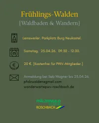 Ein Plakat für die Veranstaltung "Frühlings-Walden" mit Informationen zu Waldbaden und Wandern. Es enthält Details zu Datum, Uhrzeit, Ort und Preisen.