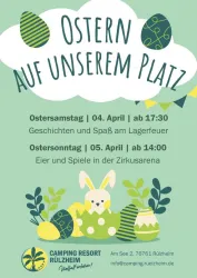 Einfarbige Grafik für eine Osterveranstaltung mit bunten Eiern und einem niedlichen Hasen. Die Informationen zu den Aktivitäten für Ostern werden klar und ansprechend präsentiert.