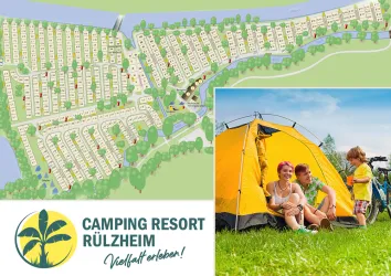 Ein Campingplatz mit einem detaillierten Lageplan und verschiedenen Stellplätzen. Im Vordergrund ist eine Familie vor einem Zelt zu sehen, die die Natur genießt.