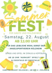 Ein bunter Flyer für ein Sommerfest im Camping Resort Rülzheim. Das Fest findet am Samstag, den 23. August, mit verschiedenen Aktivitäten und Live-Musik statt.