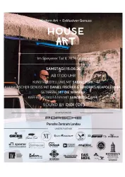 Ein Veranstaltungsposter für "HOUSE ART" in Rheinfels. Es enthält Informationen zu einer Kunstausstellung, kulinarischen Genüssen und Musik.