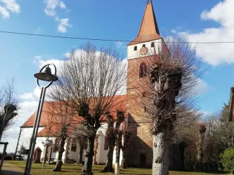 Eine alte Kirche mit einem hohen Turm und einem roten Dach. Im Vordergrund stehen beschnittene Bäume und eine Straßenlampe.