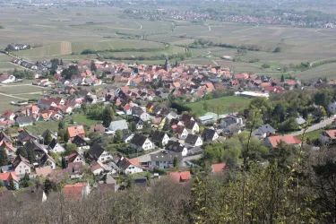 Eine malerische Aussicht auf ein Dorf mit vielen Häusern und umliegenden Feldern. Die Landschaft ist grün und gut bewaldet.