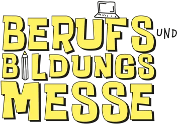 Eine bunte Grafik mit dem Text "Berufs- und Bildungsmesse". Der Schriftzug ist kreativ gestaltet und vermittelt einen einladenden Eindruck.