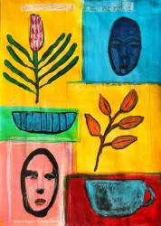 Ein bunter Ausdruck von Kunst mit Pflanzen, Gesichtern und einer Tasse. Die lebendigen Farben schaffen eine dynamische Komposition.