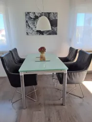 Ein moderner Essbereich mit einem gläsernen Tisch und schwarzen Stühlen. Über dem Tisch hängt eine weiße Lampe, und an der Wand ist ein Schwarz-Weiß-Bild von Blumen.