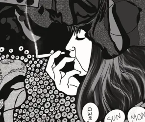 Eine stilisierte Illustration einer Frau, die eine Zigarette raucht. Ihr Gesicht ist in Schwarz-Weiß gehalten, umgeben von künstlerischen Mustern und Text.