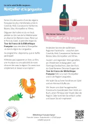 Ein informatives Plakat über Montpellier und das Languedoc. Es zeigt regionale Speisen, Wein und Aktivitäten zur Entdeckung der Gegend.