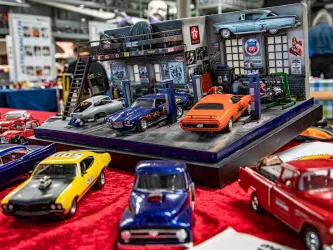 Eine Vielzahl von Modelleisenbahnen fährt auf einem detaillierten Gleisnetz. Die farbenfrohen Züge stehen dicht beieinander in einer lebhaften Modelllandschaft.