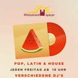 Ein kreatives Plakat für eine Musikveranstaltung mit Melonen- und Plattendesign. Es werden Pop, Latin und House Musik von verschiedenen DJs jeden Freitag ab 19 Uhr angeboten.