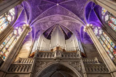 Ein beeindruckendes Kircheninnere mit einer hohen Decke und bunten Glasfenstern. Im Fokus steht eine majestätische Orgel, die das Ambiente der Kirche unterstreicht.