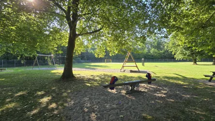 Ein ruhiger Spielplatz im Grünen mit einer großen Wiese und einem schattigen Baum. Im Hintergrund sind eine Schaukel und ein Spielhaus zu sehen.