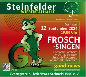 Eine fröhliche Veranstaltungseinladung mit einem cartoonhaften Frosch. Der Termin für das Frosch-Singen ist der 12. September 2026 um 19:00 Uhr in der Wiesenthalhalle.