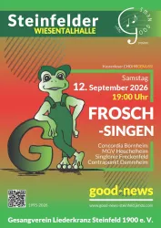 Eine farbenfrohe Veranstaltungsankündigung für ein Frosch-Singen. Die Plakatgestaltung beinhaltet einen fröhlichen Frosch und Details zum Event am 12. September 2026.