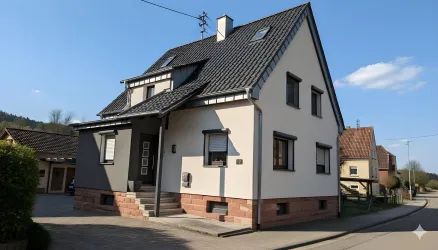 Ein modernes, zweigeschossiges Wohnhaus mit schwarzem Satteldach. Das Gebäude hat eine helle Fassade und befindet sich an einer ruhigen Straße.
