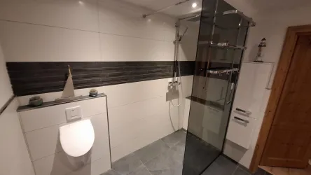 Ein modernes Badezimmer mit einer Glasdusche und eleganten Fliesen. Die Einrichtung ist minimalistisch und gut gestaltet.