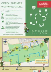 Eine Einladung zur Gerolsheimer Weinwanderung mit einem detaillierten Stadtplan. Das Event findet am 3. Mai 2026 von 11 bis 17 Uhr statt.