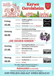 Ein Veranstaltungsplakat für die Kerwe in Gerolstein. Es zeigt verschiedene Programmpunkte und Zeiten für die Festtage, die vom 25. bis 28. September stattfinden.