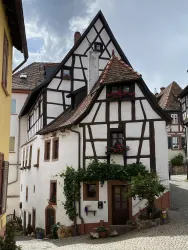Ein charmantes Fachwerkhaus mit Blumenkästen und reicher Begrünung. Die malerische Umgebung zeigt ein ruhiges, traditionelles Dorfambiente.