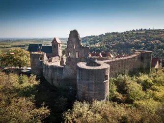 Eine alte Burgruine umgeben von Bäumen und Hügeln. Der Himmel ist klar und die Landschaft ist malerisch.