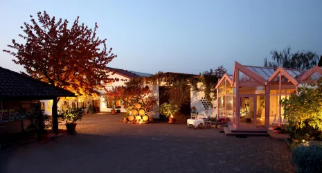 Ein gepflegter Innenhof mit bunten Pflanzen und Gebäuden. Die sanfte Beleuchtung schafft eine einladende Atmosphäre in der Dämmerung.