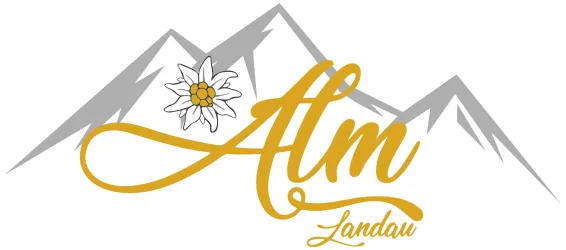 Ein stilisiertes Logo mit Bergsilhouette und einer Alpenblume. Der Schriftzug "Alm Landau" ist in goldener Schrift gestaltet.