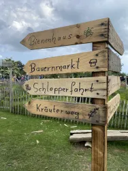 Ein hölzernes Wegweiser mit verschiedenen Richtungen. Die Schilder zeigen zum Bienenhaus, Bauernmarkt, Schleppfahrt und Kräuterweg.