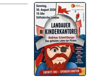 Ein buntes Plakat für ein Kinderkonzert mit dem Titel "Das geheime Leben der Piraten". Es zeigt einen Piraten mit Augenklappe und Hut, begleitet von maritimen Elementen.