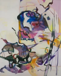 Ein abstraktes Gemälde mit leuchtenden Farben und dynamischen Formen. Die Komposition wirkt lebendig und verspielt.