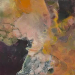 Ein abstraktes Gemälde mit warmen Farbtönen von Orange, Gelb und Lila. Die Formen sind fließend und vermitteln ein Gefühl von Bewegung.