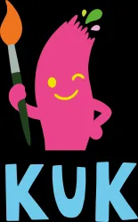 Ein Logo der kuk Malwerkstatt, das "Kinder und Kunst" repräsentiert. Es enthält einen modernen Schriftzug in Rot.