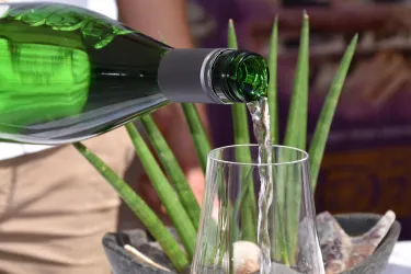 Eine Flasche grüner Wein wird in ein Glas gegossen. Im Hintergrund sind grüne Pflanzen und Muscheln zu sehen.