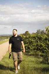 Ein Mann mit einem Weinflasche spaziert durch ein Weinberg. Im Hintergrund sind grüne Reben und ein klarer Himmel zu sehen.